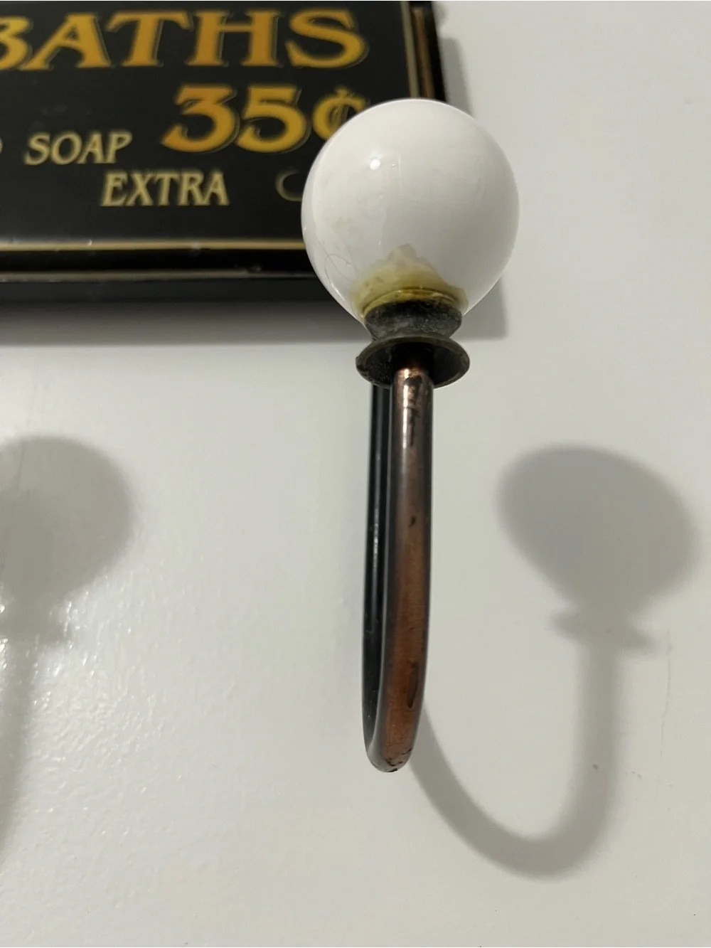 Vintage Metal Ceramic Tile 'Baths' Wall Hook with White Knobs